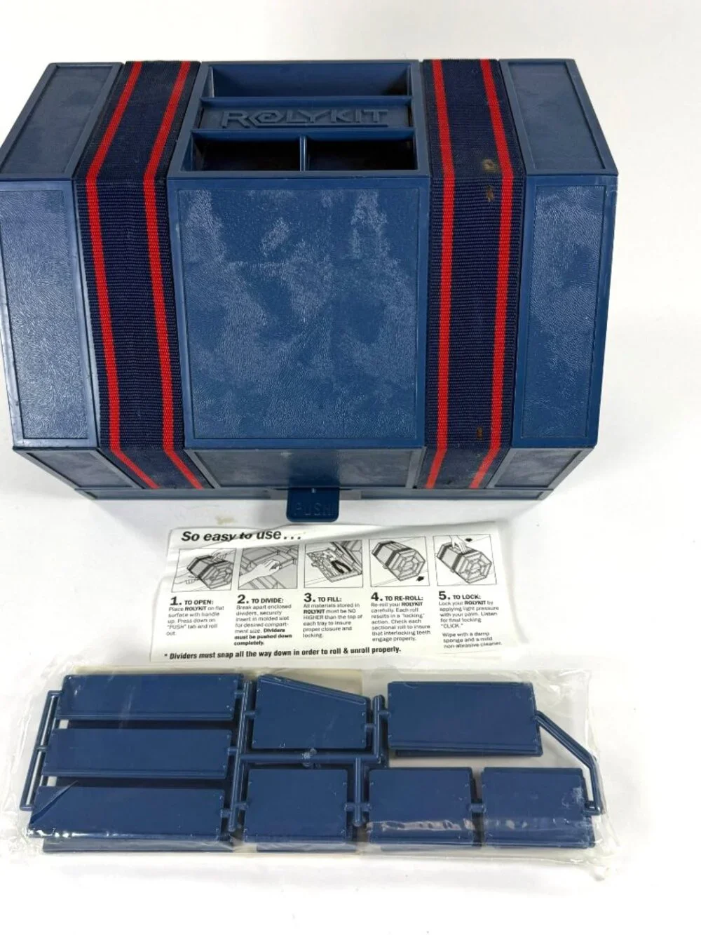 1990's Rolykit Blue Roll Up Storage Box Craft Case Jewelry Sewing Fishing Tools